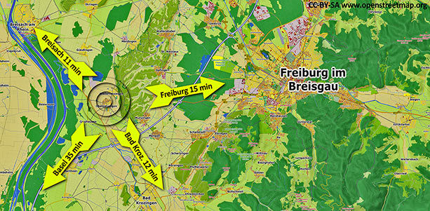 Innerhalb von 15 Minuten ist man von der Eigentumswohnung schnell in Breisach, Bad Krozingen und Freiburg