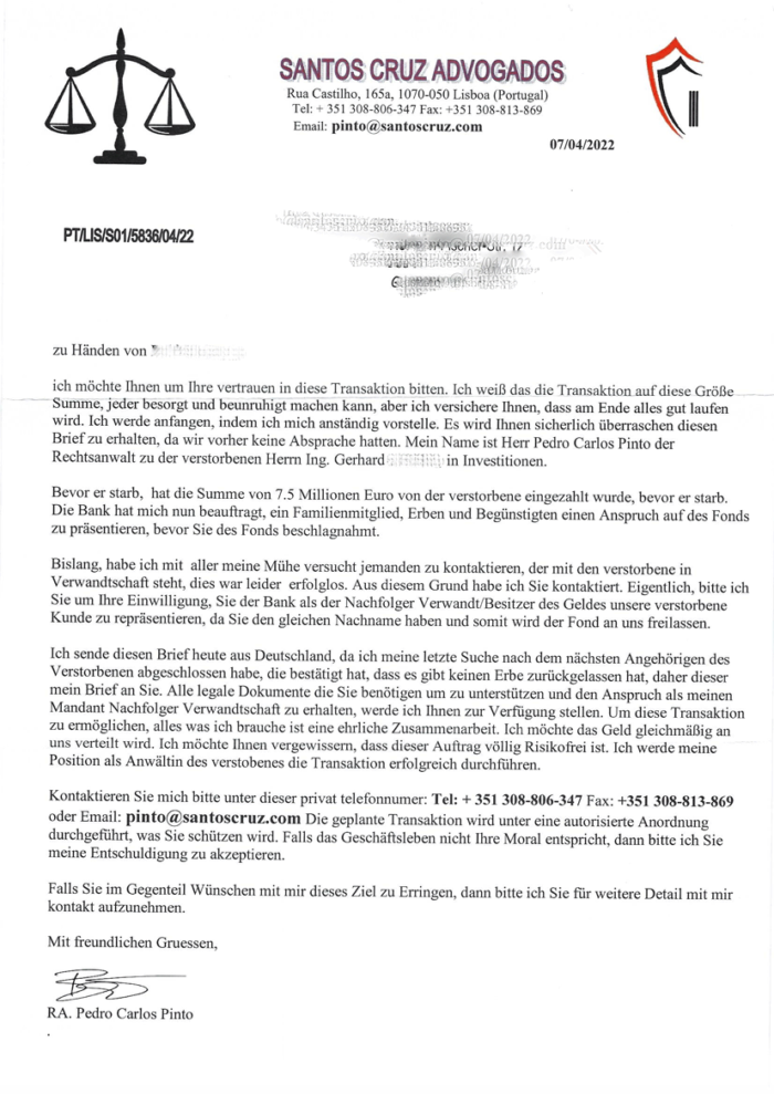 Bild zum Thema Fake Brief von Santos Cruz Advogados 1 in Relation zu News, Ratgeber, Tipps