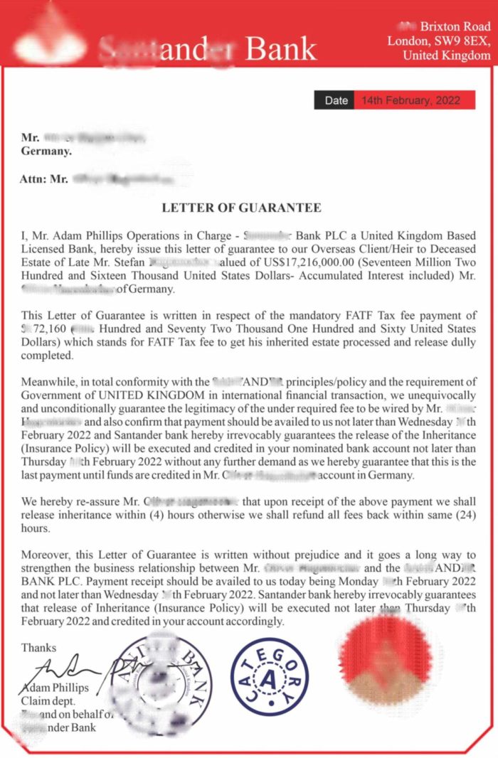 Bild zum Thema Fake Santander Letter of Guarantee in Relation zu News, Ratgeber, Tipps
