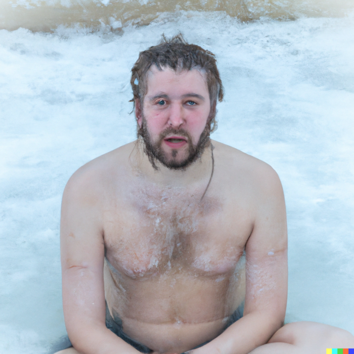 Gänsehaut - ein Mann im Eis ohne Kleidung. Der friert und sieht erbärmlich aus.