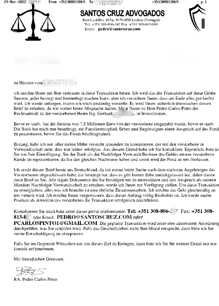 Fake-Fax von Santos Cruz Advogados